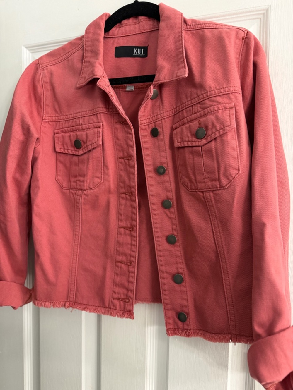 Kut from the Kloth Coral Pink Denim Jacket with Raw Hem